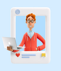 3d illustration. Social media concept. Nerd Larry stand with laptop.