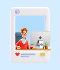 Sticker - 3d illustration. Social media concept. Nerd Larry sits at the table with a computer.