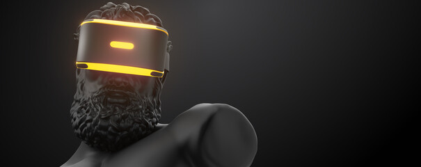 Wall Mural - vr headset with neon light, future technology concept banner. 3d render of the statue, man wearing v