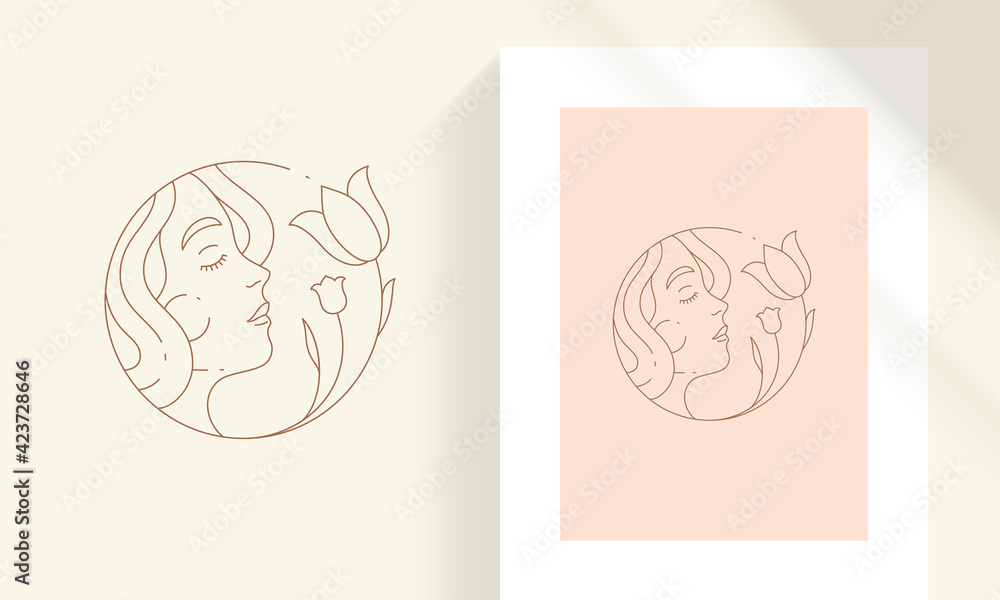 Beauty female face with flowers line art style vector illustration ...