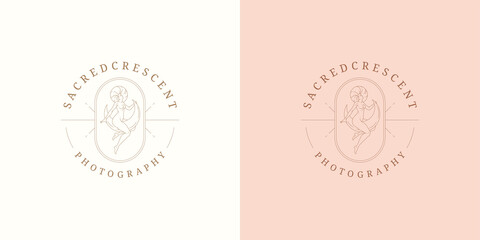 Wall Mural - magic female on moon crescent logo emblem design template vector illustration in minimal line art st