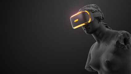 Wall Mural - vr headset with neon light, future technology concept banner. 3d render of the statue, woman wearing