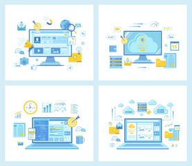 Wall Mural - Social Media Content Strategy, Marketing. Cloud Security, Cloud Computing, Data Protecting   Hosting. SEO Management. Set of  flat vector illustrations. Concept for websites.