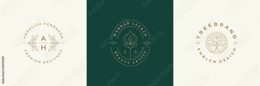 Botanical logos emblems design templates set with blossom flowers vector illustrations minimal linear style - obrazy, fototapety, plakaty 