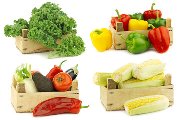 Wall Mural - Freshly harvested cooking vegetables in wooden crate on a white background