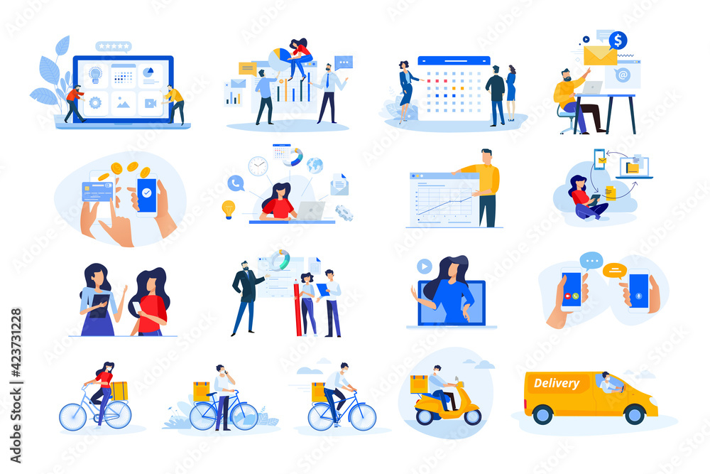 Set of modern flat design people icons. Vector illustration concepts of delivery, ebanking, communication, project development, business management, Internet marketing, seo, video calling. - obrazy, fototapety, plakaty 