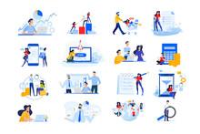 Set Of Modern Flat Design People Icons. Vector Illustration Concepts Of Startup, Time Management, Social Network, E-commerce, Data Analytics, Market Research, Business Presentation, Finance, Marketing