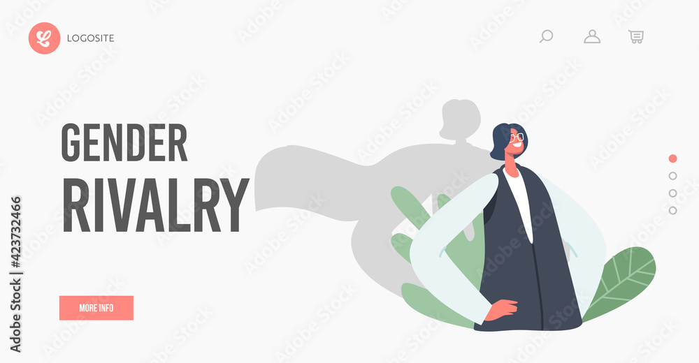 Gender Rivalry Landing Page Template. Successful Business Woman with Shadow in Super Hero Cloak Stand with Arms Akimbo - obrazy, fototapety, plakaty 