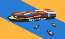 Vector Illustration Concept Of Maritime Traffic Jam. Container Cargo Ship Run Aground And Stuck In Suez Canal, Suez Canal Blockage.