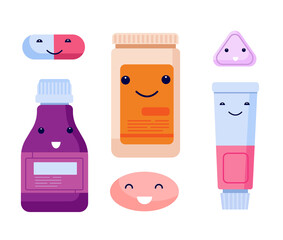 Poster - Cute pills. Antibiotics characters, cartoon pill medication. Funny flat drugs, tablet with faces. Smiling heroes from pharmacy utter vector set