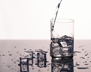 clear water spray in a glass with ice, clear water in a glass with spray