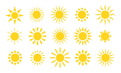 Wall Mural - yellow sun icons. suns rays, flat sunny weather elements. summer heat, isolated abstract sunrise or 
