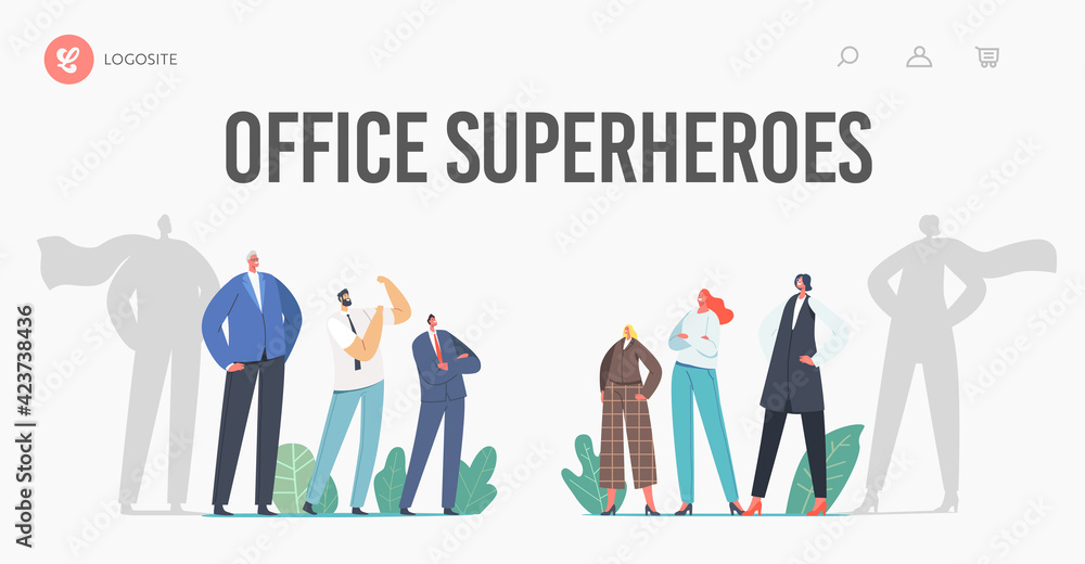 Gender Sex Team Rivalry, Office Superheroes Landing Page Template. Self Confident Men and Women Opposition, Struggle - obrazy, fototapety, plakaty 