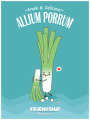 Vintage food poster design with Allium Porrum character.