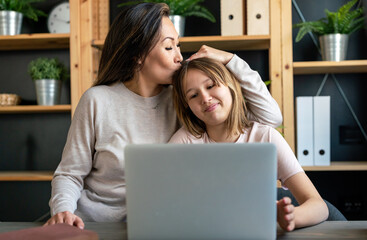 Wall Mural - Asian multiethnic single parent faimly studying from home