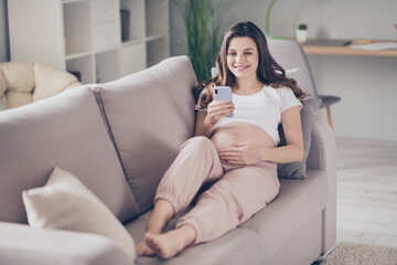 Sticker - Full body photo of happy cute young woman hold smartphone read touch belly lie sofa inside house indoors