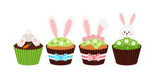 Easter Bunny Cupcakes Set Isolated On White Background. Cake Sweets Food Muffin With Bunny Rabbit Ears, Head, Tail And Carrot. Flat Design Cartoon Style Home Made Easter Dessert Vector Illustration.