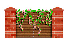 Blooming Tree Branch With Flowers And Green Leaves On Wooden Fence  Isolated On White Background.Bloom Liana Or Ivy Climbing Over The Fence Wall.Wood Barrier With Pillars Of Bricks.Vector Illustration