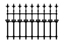 Decorative Iron Wrought Fence Silhouette With Artistic Forging Isolated On White Background. Metal Guardrail. Steel Modular Railing. Vintage Gate With Swirls. Forged Lattice Fence. Vector Illustratio
