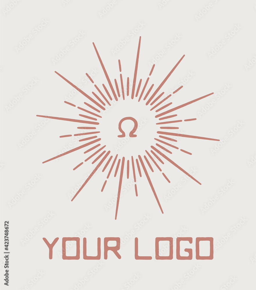 Ancient greek omega letter, sunbursts vector logo