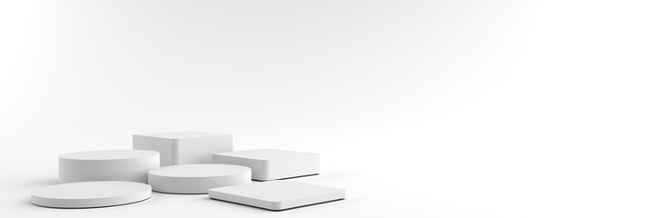 Wall Mural - 3d rendering of round and square white pedestal, podium for display product on the white floor. pede
