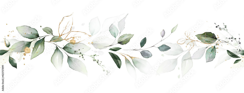 watercolor botanic, Leaf and buds. Seamless herbal composition for wedding or greeting card. Spring Border with leaves eucalyptus - obrazy, fototapety, plakaty 