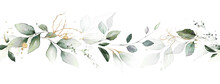 Watercolor Botanic, Leaf And Buds. Seamless Herbal Composition For Wedding Or Greeting Card. Spring Border With Leaves Eucalyptus