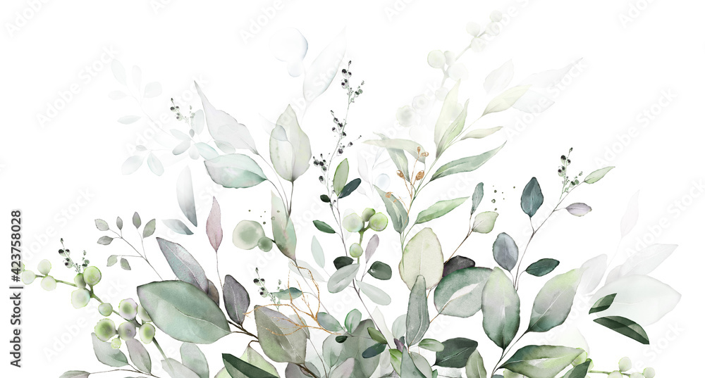 watercolor botanic, Leaf and buds.  herbal composition for wedding or greeting card. Spring Border with leaves eucalyptus - obrazy, fototapety, plakaty 