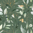 © lisima - Seamless pattern with spring  leaves, herbs, eucalyptus . Hand drawn background.   green pattern for wallpaper or fabric.  Botanic Tile.
