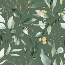 Seamless Pattern With Spring  Leaves, Herbs, Eucalyptus . Hand Drawn Background.   Green Pattern For Wallpaper Or Fabric.  Botanic Tile.