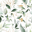 © lisima - Seamless pattern with spring  leaves, herbs, eucalyptus . Hand drawn background.   green pattern for wallpaper or fabric.  Botanic Tile.