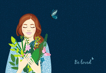 Cute card Be loved, portrait of a beautiful girl with a bouquet of spring and summer flowers, leaves, butterflies. For women's day, cover, poster, wedding. Vector illustration.