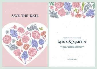 Wall Mural - Wedding invitation card with pastel peony, carnation, ranunculus, wax flower, ornithogalum, hyacinth