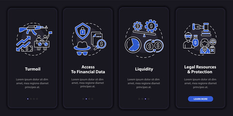 Foreign stock problems onboarding mobile app page screen with concepts. Security, liquidity walkthrough 4 steps graphic instructions. UI, UX, GUI vector template with linear night mode illustrations
