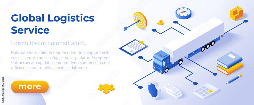 GLOBAL LOGISTICS CONCEPT - Isometric Design in Trendy Colors Isometrical Icons on Blue Background. Banner Layout Template for Website Development - obrazy, fototapety, plakaty 