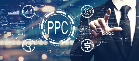 PPC - Pay per click concept with a man on city background