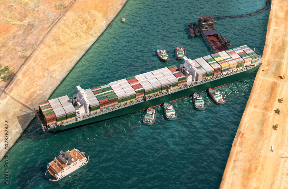 Ever given has been freed in Suez Canal. Effort to refloat vast wedged container cargo ship by tug boats, dredger ship 3D illustration. Giant cargo ship dislodged and refloated in Egyptian Suez canal - obrazy, fototapety, plakaty 