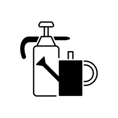 Poster - Watering can and hand sprayer black linear icon. Healthy garden maintenance. Fertilizers, herbicides application. Horticultural purposes. Outline symbol on white space. Vector isolated illustration