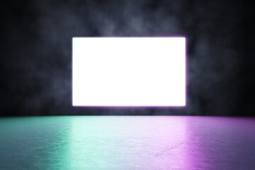 Big blank white glowing screen on dark wall in empty room hall with glossy concrete floor with green and purple shades. 3D rendering, mock up