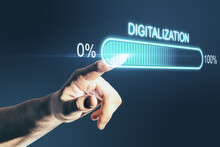 Digital Transformation Concept With Man Finger In Virtual Loading Bar Element Icon With Digitalization Word.