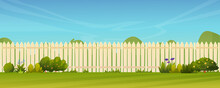 Fence And Green Lawn, Rural Landscape Background. Vector Garden Backyard With Wooden Hedge, Trees And Bushes, Grass And Flowers, Park Plants. Spring Summer Outside Landscape. Farm Natural Agriculture
