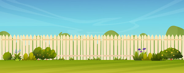 Fence and green lawn, rural landscape background. Vector garden backyard with wooden hedge, trees and bushes, grass and flowers, park plants. Spring summer outside landscape. Farm natural agriculture