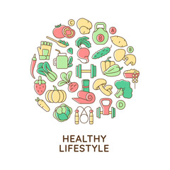  Healthy lifestyle abstract color concept layout with headline. Weight control, stress prevention. Food with vitamins creative idea. Isolated vector filled contour icons for web background