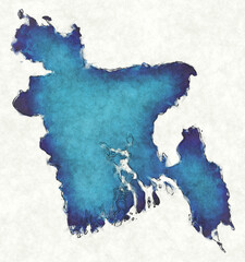 Bangladesh map with drawn lines and blue watercolor illustration