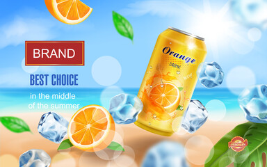 Soft drink orange ads witn orange drink aluminium can, ice cubes on tropical beach vector