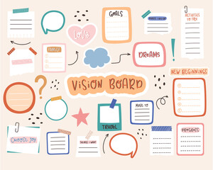 Set of template for vision boart with sheets, quotes and space for goals, dreams list.