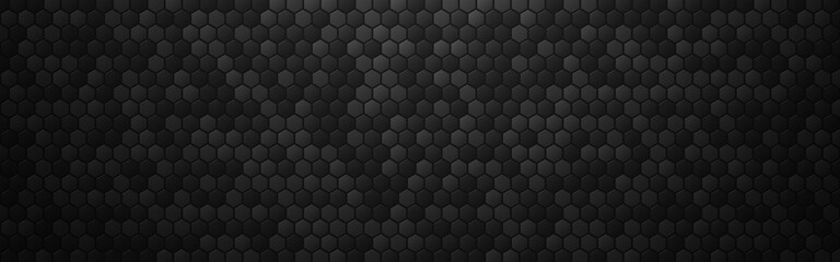 Hexagon abstract background. Black metal texture with 3d cells effect. Dark industrial banner with shadow. Wide futuristic carbon backdrop. Vector illustration