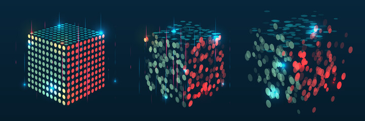 Abstract stream information with squares array and binary code. Filtering machine algorithms. Cube Big data visualization. Information analytics concept. Sorting data. Vector technology background.