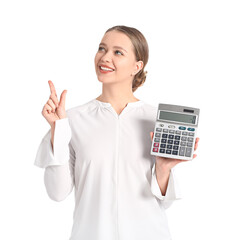 Sticker - Young woman with calculator showing something on white background