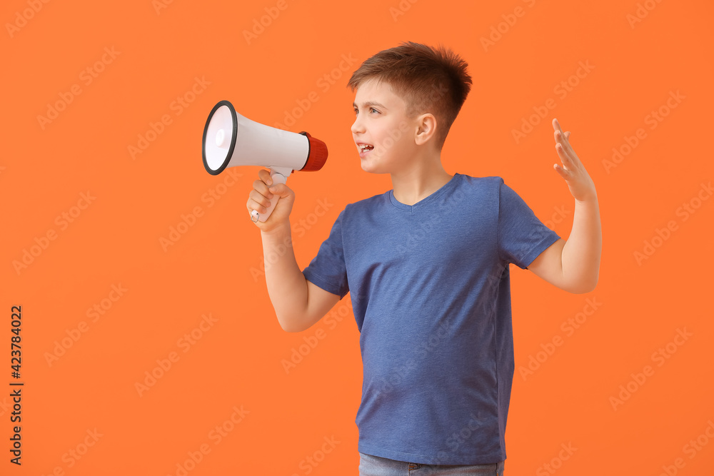 Screaming little boy with megaphone on color background